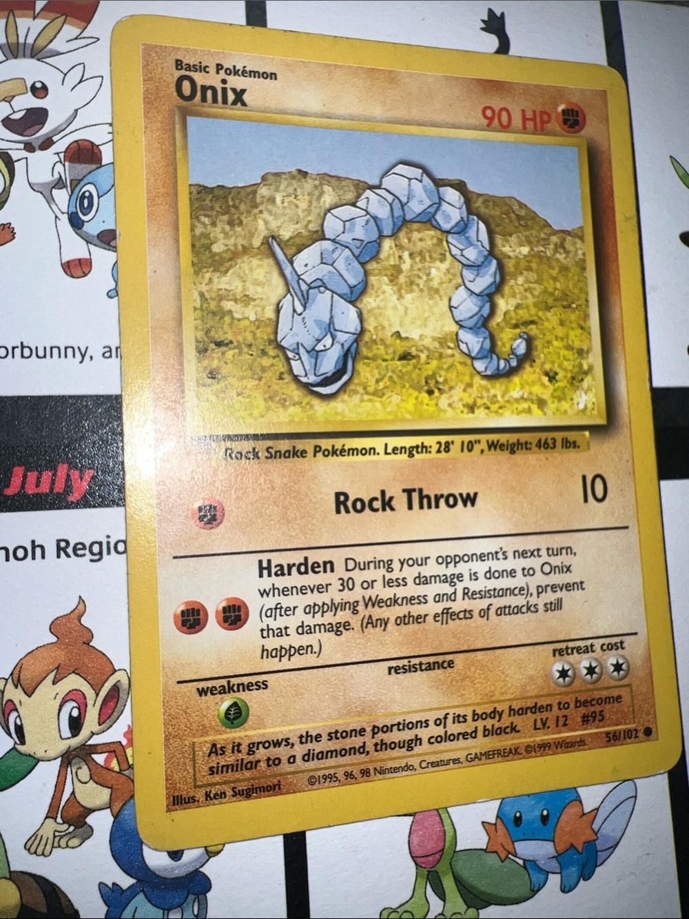 Pokemon Onix Card - Yellow Border, Blue Artwork, Brown Terrain